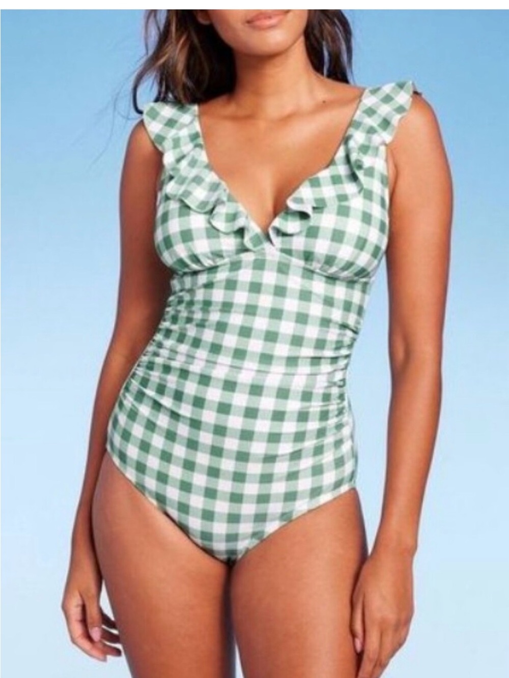 Kona Sol Green & White Gingham One-Piece Swimsuit with Ruffle Straps